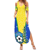 Women’s yellow cold-shoulder maxi dress with leopard pattern and Brazil football graphic