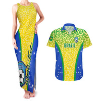 Yellow leopard tank maxi dress with blue panels and soccer graphic; matching Brazil shirt