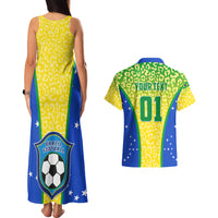 Back view: yellow leopard tank maxi dress with blue soccer motif; green-text Brazil shirt '01'