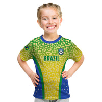 Kids football T-shirt with green/yellow leopard print, Brazil logo and blue sides