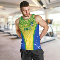 Men's Brazil football tank top with green-yellow leopard print and blue stars panel.