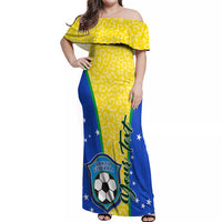 Off-shoulder maxi dress, yellow leopard print with blue Brazil football graphic
