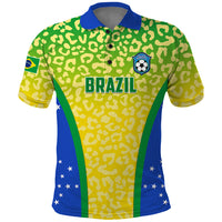 Brazil football polo shirt with leopard pattern, blue collar, Brazil crest, BRASIL print