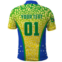 Brazil football polo shirt leopard back with YOUR TEXT and number 01, blue side panels