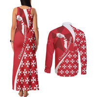 Malta Couples Matching Tank Maxi Dress and Long Sleeve Button Shirt Virtute et constantia Maltese Cross Pattern - Wonder Print Shop