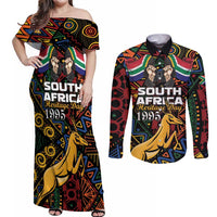 South African Heritage Day Couples Matching Off Shoulder Maxi Dress and Long Sleeve Button Shirt Springbok African Pattern - Wonder Print Shop