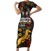 South African Heritage Day Short Sleeve Bodycon Dress Springbok African Pattern - Wonder Print Shop