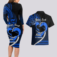 Personalised Hawaii Couples Matching Long Sleeve Bodycon Dress and Hawaiian Shirt Maui Be Strong Kakau Blue Version - Wonder Print Shop