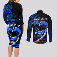 Personalised Hawaii Couples Matching Long Sleeve Bodycon Dress and Long Sleeve Button Shirts Maui Be Strong Kakau Blue Version - Wonder Print Shop