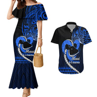 Personalised Hawaii Couples Matching Mermaid Dress and Hawaiian Shirt Maui Be Strong Kakau Blue Version - Wonder Print Shop