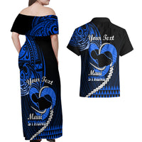 Personalised Hawaii Couples Matching Off Shoulder Maxi Dress and Hawaiian Shirt Maui Be Strong Kakau Blue Version - Wonder Print Shop