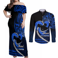 Personalised Hawaii Couples Matching Off Shoulder Maxi Dress and Long Sleeve Button Shirts Maui Be Strong Kakau Blue Version - Wonder Print Shop