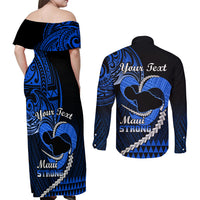Personalised Hawaii Couples Matching Off Shoulder Maxi Dress and Long Sleeve Button Shirts Maui Be Strong Kakau Blue Version - Wonder Print Shop