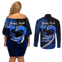 Personalised Hawaii Couples Matching Off Shoulder Short Dress and Long Sleeve Button Shirts Maui Be Strong Kakau Blue Version - Wonder Print Shop