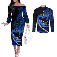 personalised-hawaii-couples-matching-off-the-shoulder-long-sleeve-dress-and-long-sleeve-button-shirts-maui-be-strong-kakau-blue-version