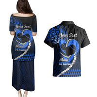 Personalised Hawaii Couples Matching Puletasi Dress and Hawaiian Shirt Maui Be Strong Kakau Blue Version - Wonder Print Shop