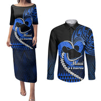 Personalised Hawaii Couples Matching Puletasi Dress and Long Sleeve Button Shirts Maui Be Strong Kakau Blue Version - Wonder Print Shop
