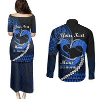 Personalised Hawaii Couples Matching Puletasi Dress and Long Sleeve Button Shirts Maui Be Strong Kakau Blue Version - Wonder Print Shop
