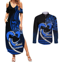 Personalised Hawaii Couples Matching Summer Maxi Dress and Long Sleeve Button Shirts Maui Be Strong Kakau Blue Version - Wonder Print Shop