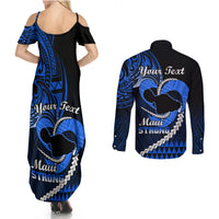 Personalised Hawaii Couples Matching Summer Maxi Dress and Long Sleeve Button Shirts Maui Be Strong Kakau Blue Version - Wonder Print Shop