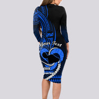 Personalised Hawaii Long Sleeve Bodycon Dress Maui Be Strong Kakau Blue Version - Wonder Print Shop