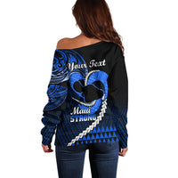 Personalised Hawaii Off Shoulder Sweater Maui Be Strong Kakau Blue Version - Wonder Print Shop