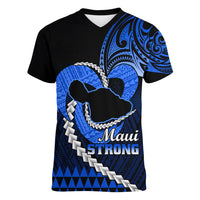 Personalised Hawaii Women V Neck T Shirt Maui Be Strong Kakau Blue Version - Wonder Print Shop
