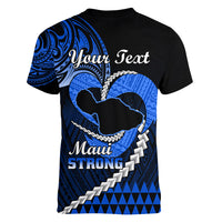 Personalised Hawaii Women V Neck T Shirt Maui Be Strong Kakau Blue Version - Wonder Print Shop