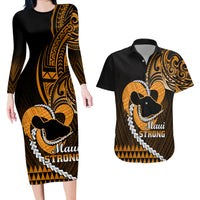 Personalised Hawaii Couples Matching Long Sleeve Bodycon Dress and Hawaiian Shirt Maui Be Strong Kakau Gold Version - Wonder Print Shop