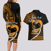 Personalised Hawaii Couples Matching Long Sleeve Bodycon Dress and Hawaiian Shirt Maui Be Strong Kakau Gold Version - Wonder Print Shop