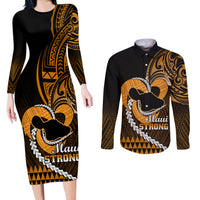 Personalised Hawaii Couples Matching Long Sleeve Bodycon Dress and Long Sleeve Button Shirts Maui Be Strong Kakau Gold Version - Wonder Print Shop