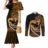 personalised-hawaii-couples-matching-mermaid-dress-and-long-sleeve-button-shirts-maui-be-strong-kakau-gold-version