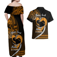 Personalised Hawaii Couples Matching Off Shoulder Maxi Dress and Hawaiian Shirt Maui Be Strong Kakau Gold Version - Wonder Print Shop