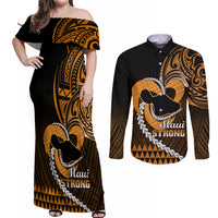 Personalised Hawaii Couples Matching Off Shoulder Maxi Dress and Long Sleeve Button Shirts Maui Be Strong Kakau Gold Version - Wonder Print Shop