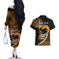 Personalised Hawaii Couples Matching Off The Shoulder Long Sleeve Dress and Hawaiian Shirt Maui Be Strong Kakau Gold Version - Wonder Print Shop