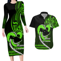 Personalised Hawaii Couples Matching Long Sleeve Bodycon Dress and Hawaiian Shirt Maui Be Strong Kakau Green Version - Wonder Print Shop