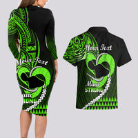 Personalised Hawaii Couples Matching Long Sleeve Bodycon Dress and Hawaiian Shirt Maui Be Strong Kakau Green Version - Wonder Print Shop