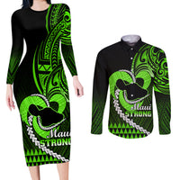 Personalised Hawaii Couples Matching Long Sleeve Bodycon Dress and Long Sleeve Button Shirts Maui Be Strong Kakau Green Version - Wonder Print Shop