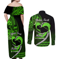 Personalised Hawaii Couples Matching Off Shoulder Maxi Dress and Long Sleeve Button Shirts Maui Be Strong Kakau Green Version - Wonder Print Shop
