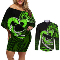 Personalised Hawaii Couples Matching Off Shoulder Short Dress and Long Sleeve Button Shirts Maui Be Strong Kakau Green Version - Wonder Print Shop