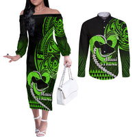 personalised-hawaii-couples-matching-off-the-shoulder-long-sleeve-dress-and-long-sleeve-button-shirts-maui-be-strong-kakau-green-version