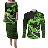Personalised Hawaii Couples Matching Puletasi Dress and Long Sleeve Button Shirts Maui Be Strong Kakau Green Version - Wonder Print Shop