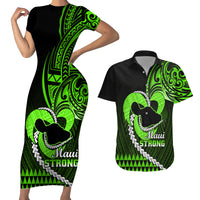 Personalised Hawaii Couples Matching Short Sleeve Bodycon Dress and Hawaiian Shirt Maui Be Strong Kakau Green Version - Wonder Print Shop