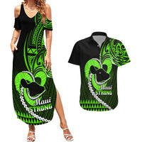 Personalised Hawaii Couples Matching Summer Maxi Dress and Hawaiian Shirt Maui Be Strong Kakau Green Version - Wonder Print Shop