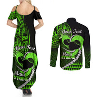 Personalised Hawaii Couples Matching Summer Maxi Dress and Long Sleeve Button Shirts Maui Be Strong Kakau Green Version - Wonder Print Shop