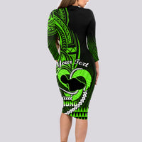 Personalised Hawaii Long Sleeve Bodycon Dress Maui Be Strong Kakau Green Version - Wonder Print Shop