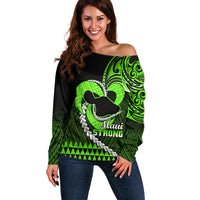 Personalised Hawaii Off Shoulder Sweater Maui Be Strong Kakau Green Version - Wonder Print Shop