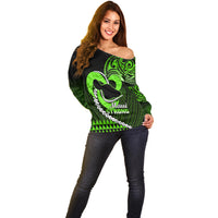 Personalised Hawaii Off Shoulder Sweater Maui Be Strong Kakau Green Version - Wonder Print Shop