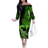 Personalised Hawaii Off The Shoulder Long Sleeve Dress Maui Be Strong Kakau Green Version - Wonder Print Shop