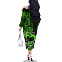 Personalised Hawaii Off The Shoulder Long Sleeve Dress Maui Be Strong Kakau Green Version - Wonder Print Shop